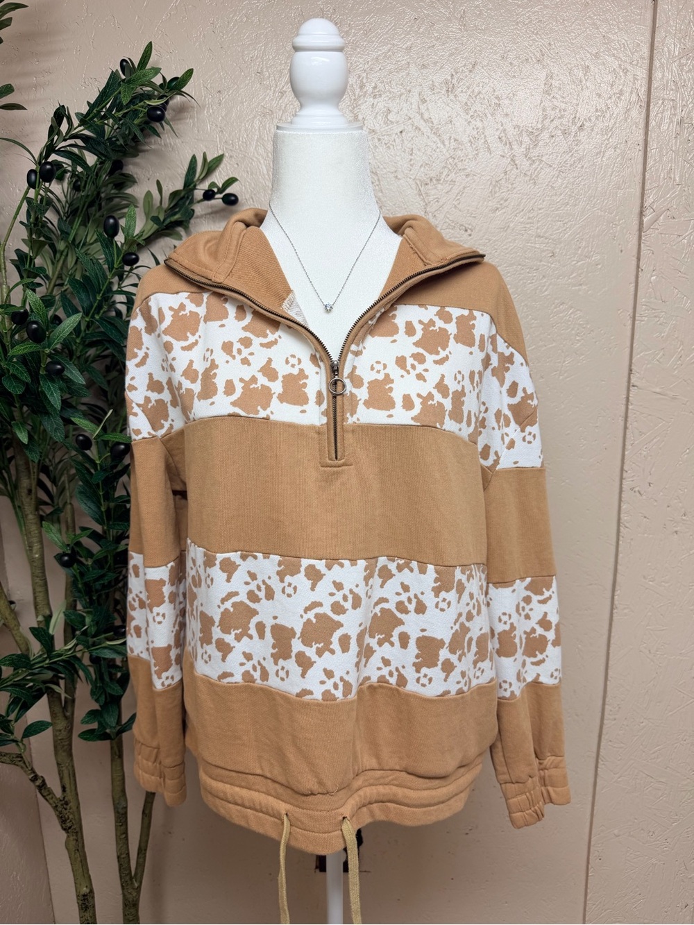 Simply Southern Tan and White Half-Zip Pullover with Hood - Picture 1 of 4